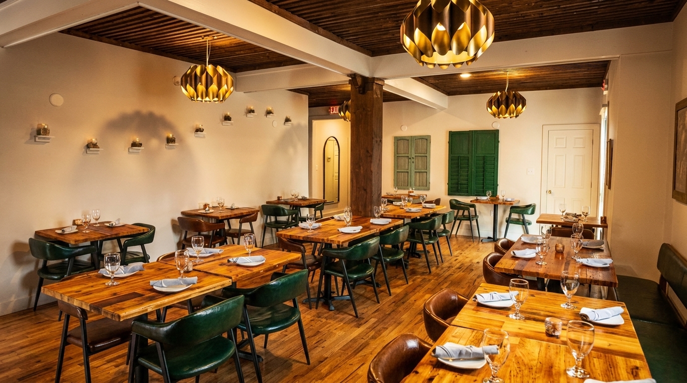 A warm, inviting restaurant dining room with wooden tables, green chairs, and decorative lighting.