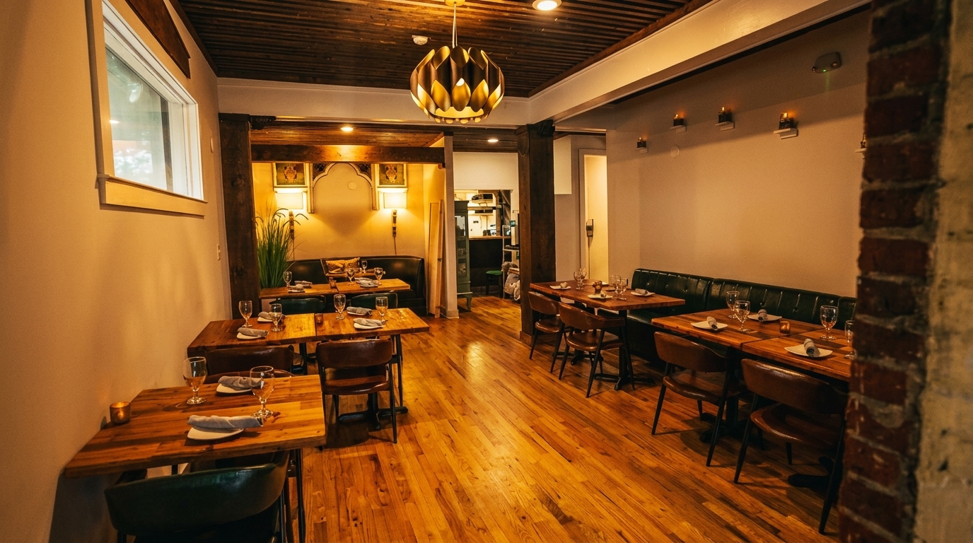 Warmly lit restaurant interior with wooden tables, dark green booths, and a decorative ceiling light.