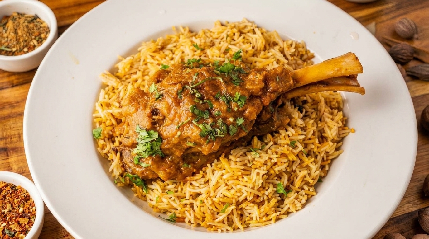 Lamb shank biryani with basmati rice, garnished with fresh cilantro on a white plate.