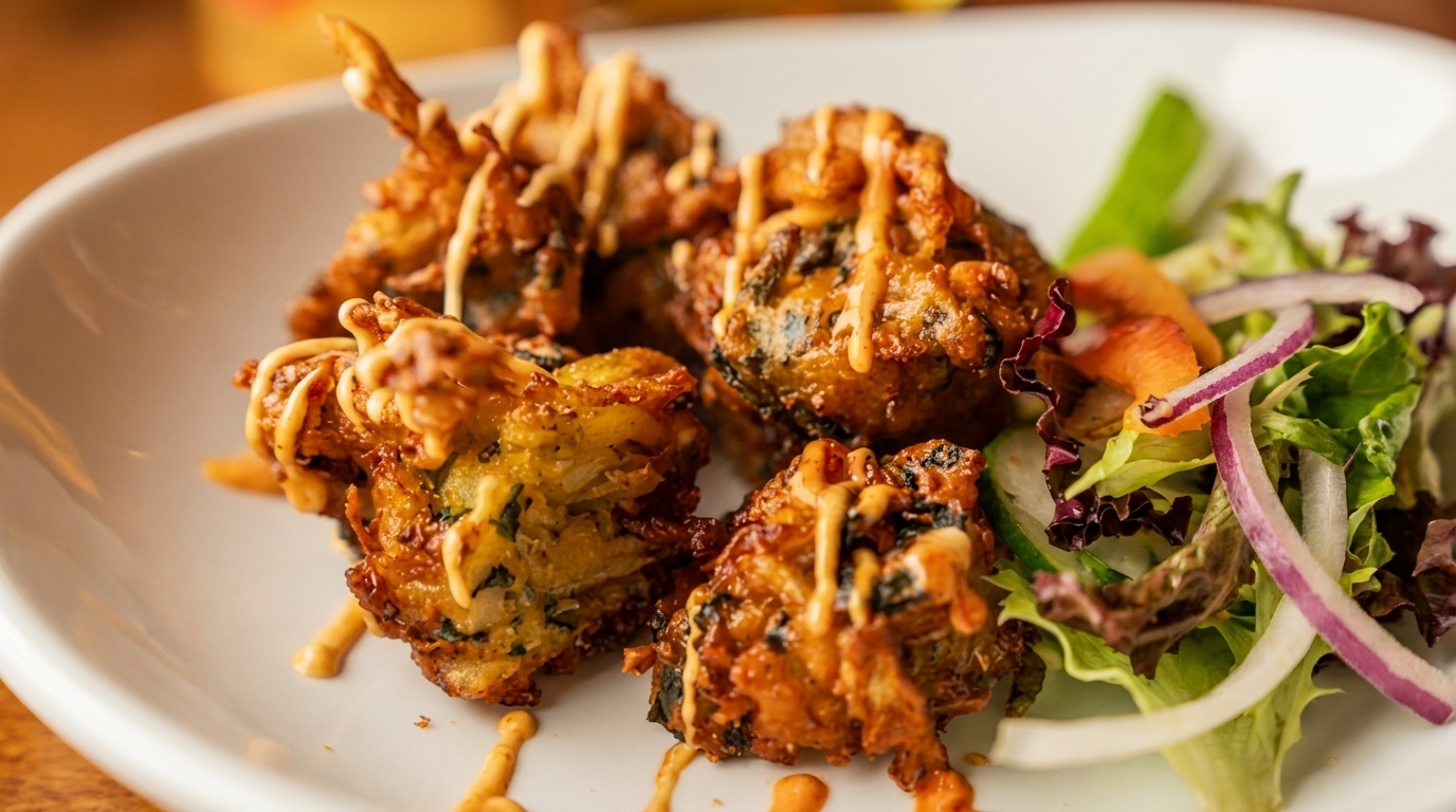 Crispy fried pakoras drizzled with sauce, served with a fresh side salad on a white plate.