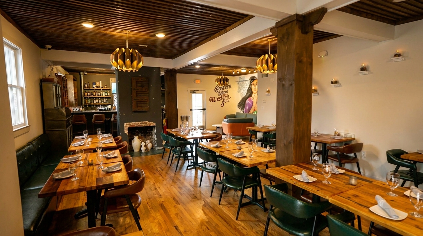 Inviting restaurant interior with wooden tables, green chairs, a bar, and a mural on the far wall.