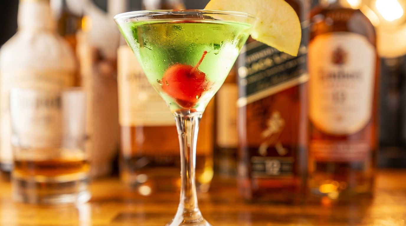 Green martini with a cherry and apple slice, surrounded by blurred liquor bottles.