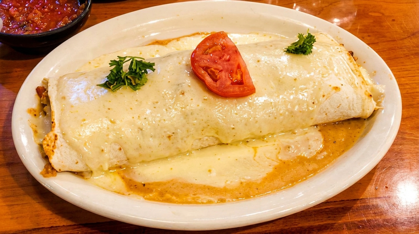 A large burrito covered in melted white cheese, garnished with a tomato slice and parsley.
