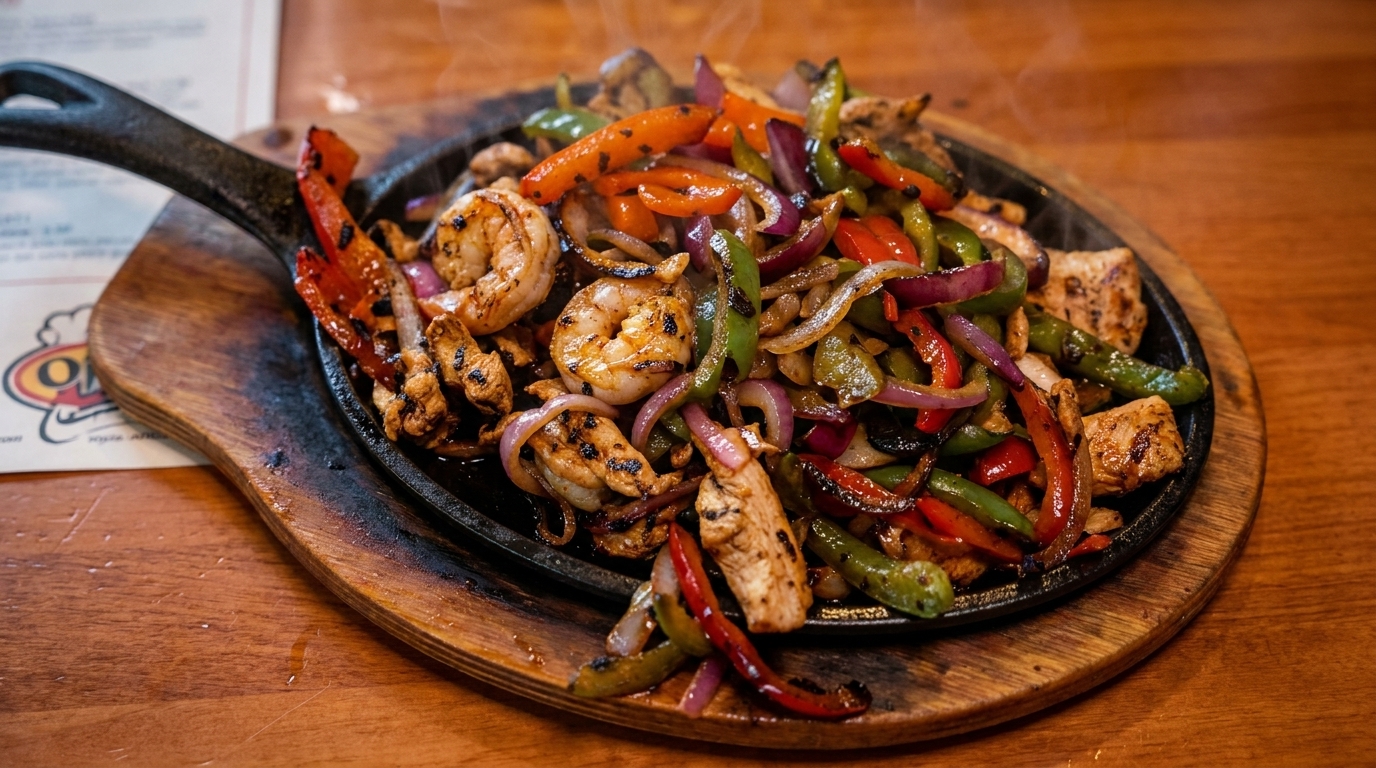 Sizzling fajitas with chicken, shrimp, red and green peppers, and onions on a wooden board.