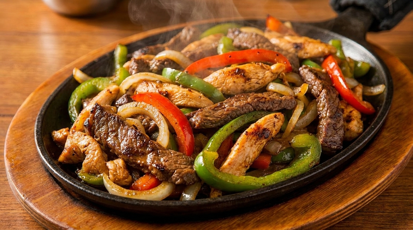 Sizzling fajitas with chicken, steak, onions, and colorful bell peppers in a cast iron skillet.