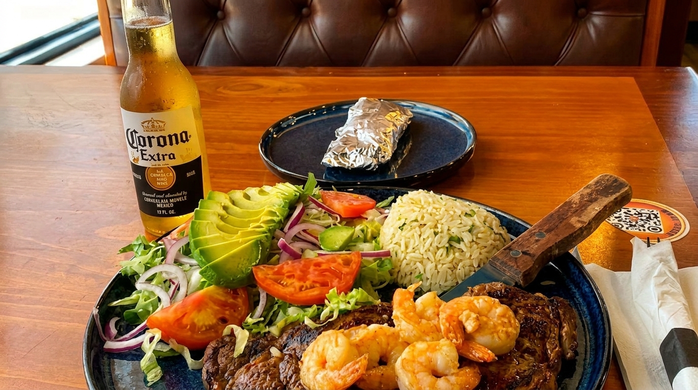 A plate of steak and shrimp with rice, salad, avocado, and a Corona Extra beer.