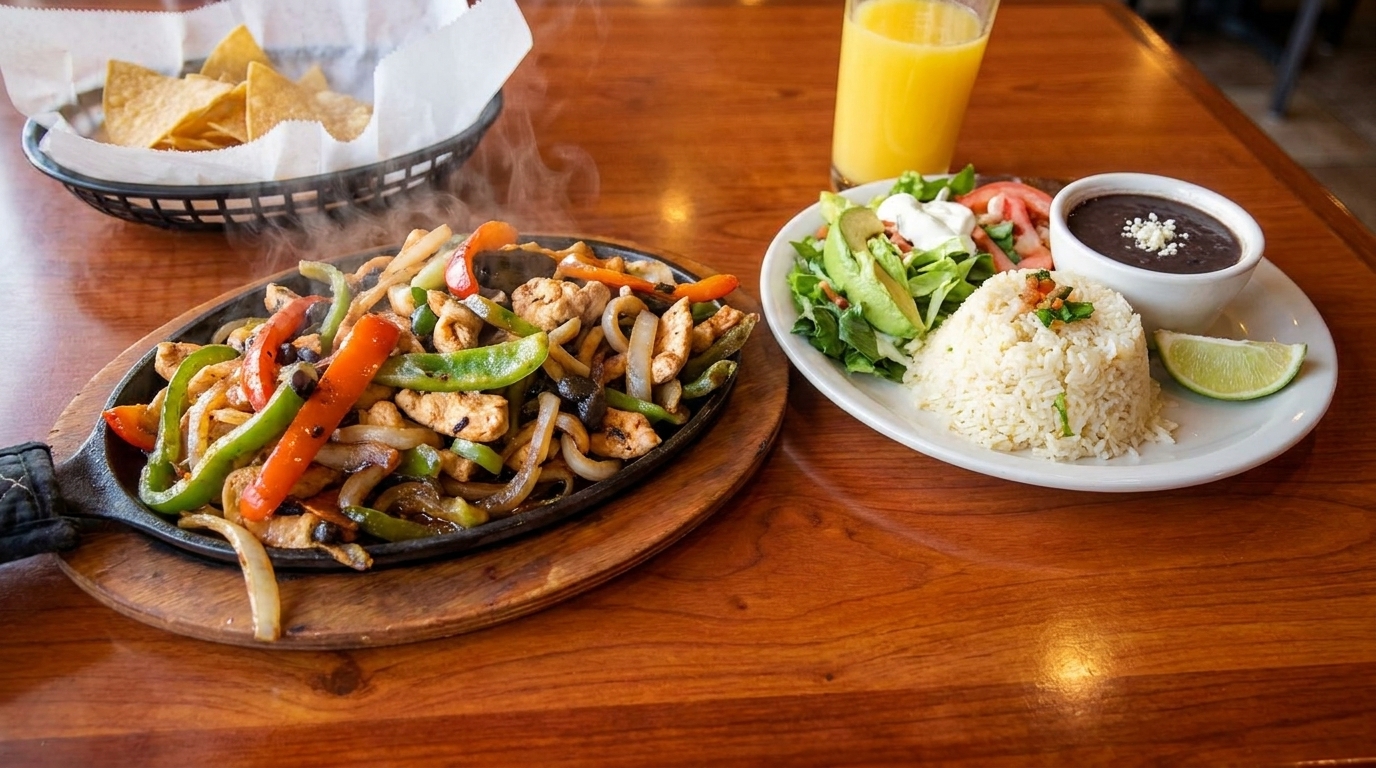 Sizzling chicken fajitas with bell peppers and onions, served with rice, beans, salad, and chips.