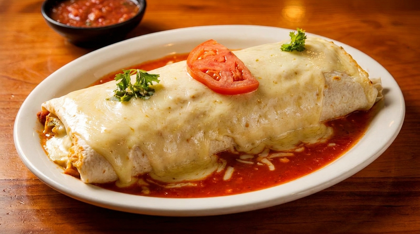 A large, cheese-covered burrito in red sauce, garnished with tomato and cilantro, with salsa in background.