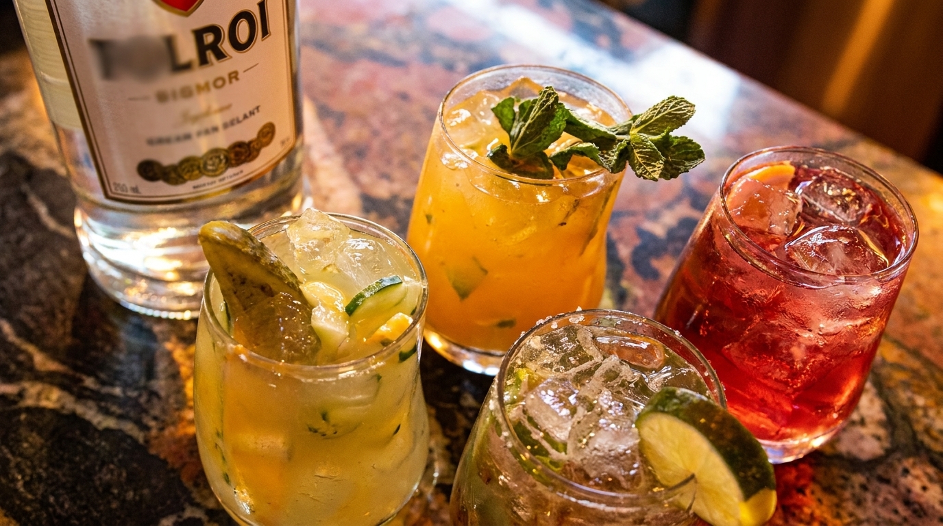Four colorful cocktails with ice and garnishes, including a pickle and mint, next to a liquor bottle.