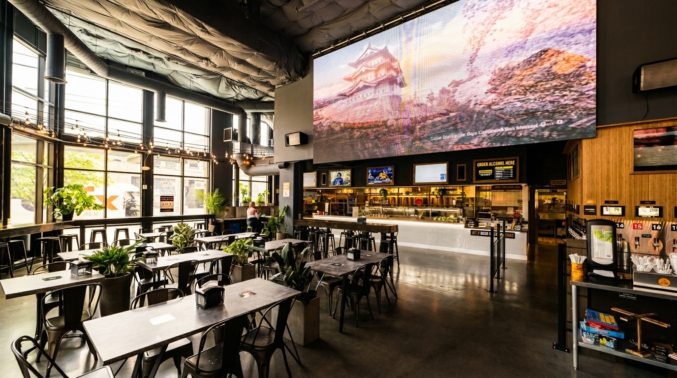 Spacious restaurant interior with a large video screen, industrial ceiling, and modern tables and chairs.