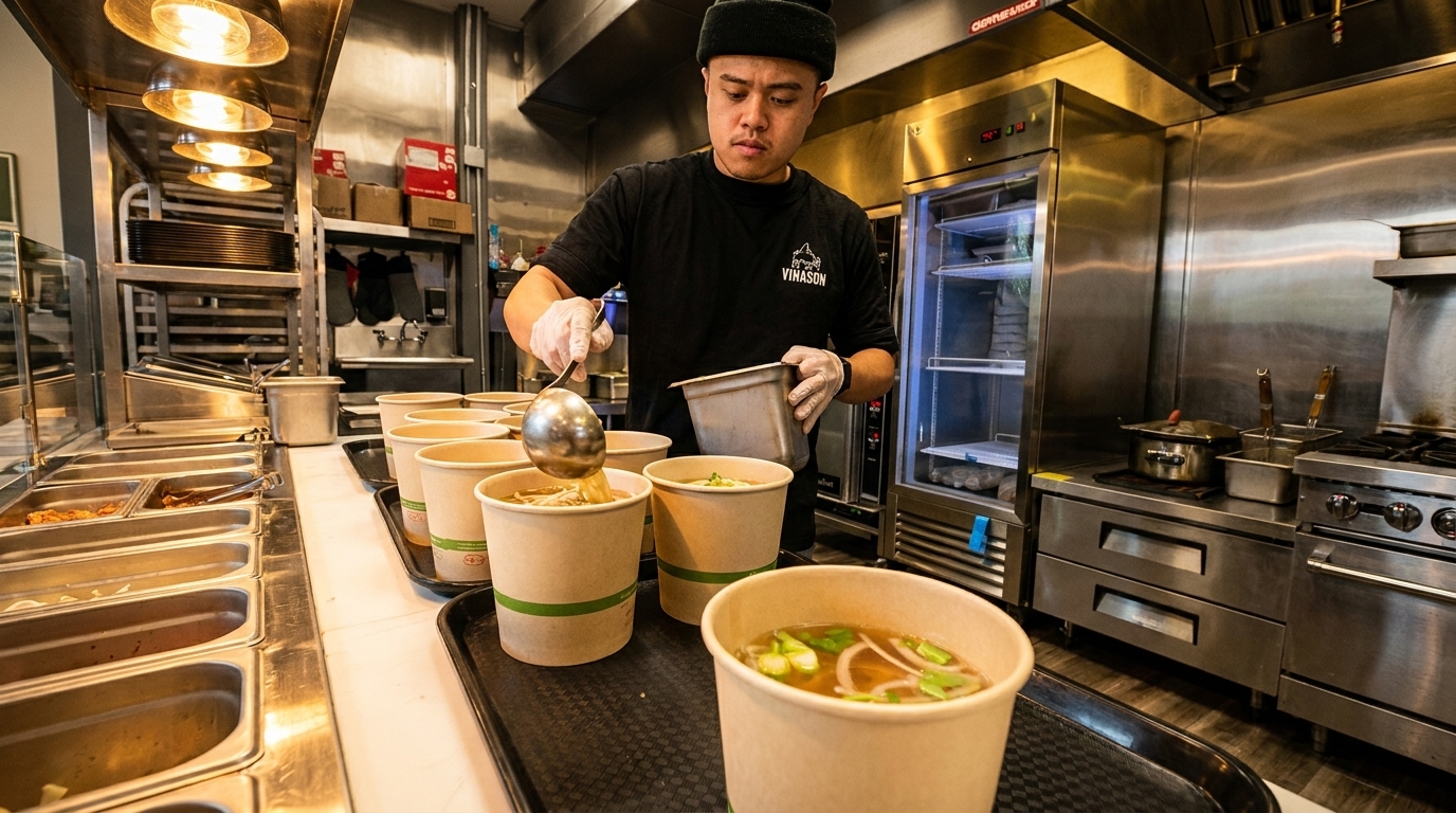Chef in a commercial kitchen ladling broth into several to-go containers of pho.