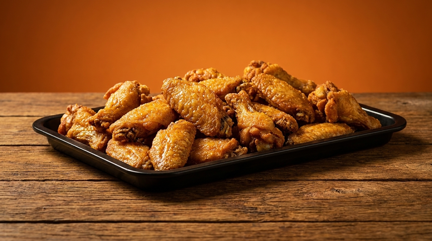 Crispy golden-brown fried chicken wings piled high on a black serving tray on a wooden table.