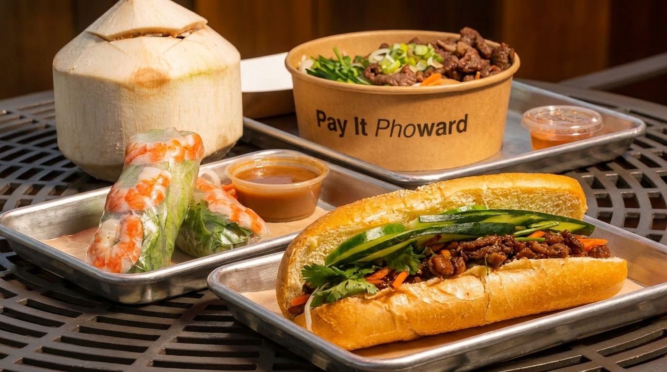 Vietnamese food spread with a banh mi, spring rolls, coconut drink, and a "Pay It Phoward" bowl.