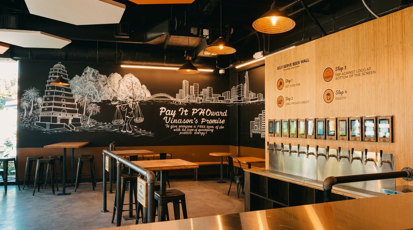 A restaurant interior with a self-serve beer wall and a mural depicting a Vietnamese landscape.