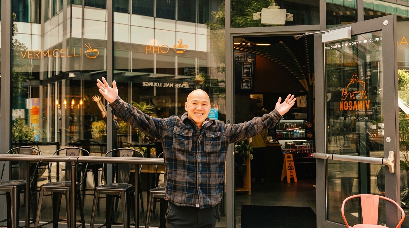 Smiling man with outstretched arms in front of a restaurant with "Vermicelli" and "Pho" on the window.