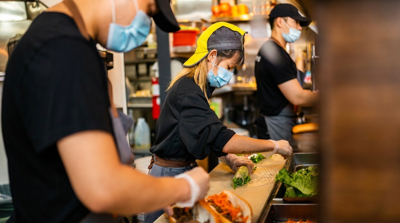 Restaurant staff in masks and gloves preparing food, including spring rolls and sandwiches, in a busy kitchen.