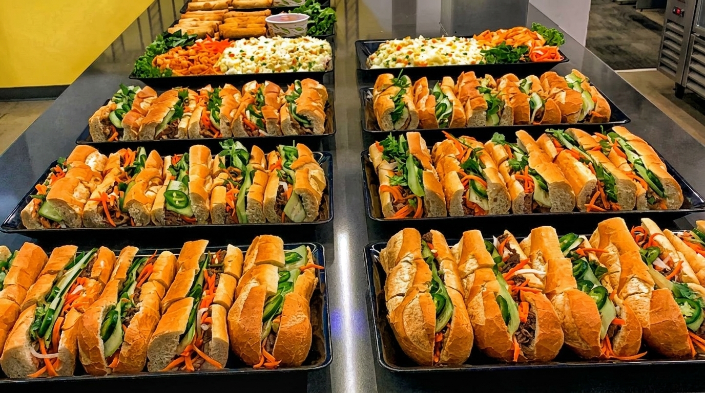 Numerous trays of Vietnamese banh mi sandwiches, spring rolls, and salads arranged on a buffet.
