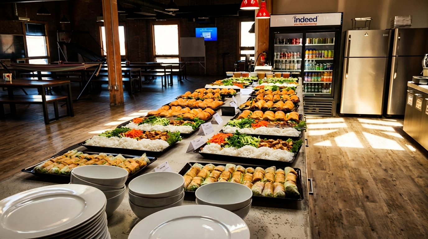 A long buffet table filled with trays of spring rolls, rice, and chicken in a large room.
