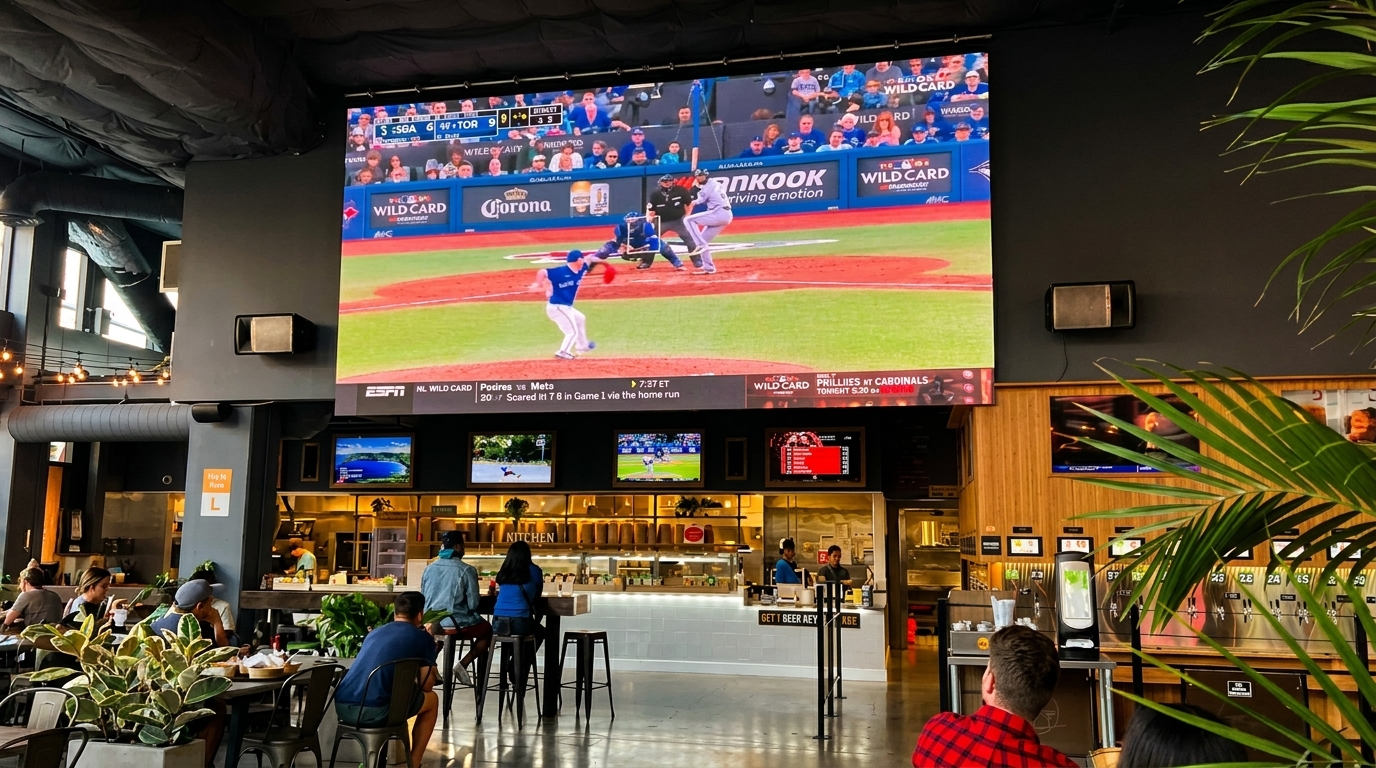 A restaurant interior with a large screen showing a baseball game, people dining, and a kitchen counter.