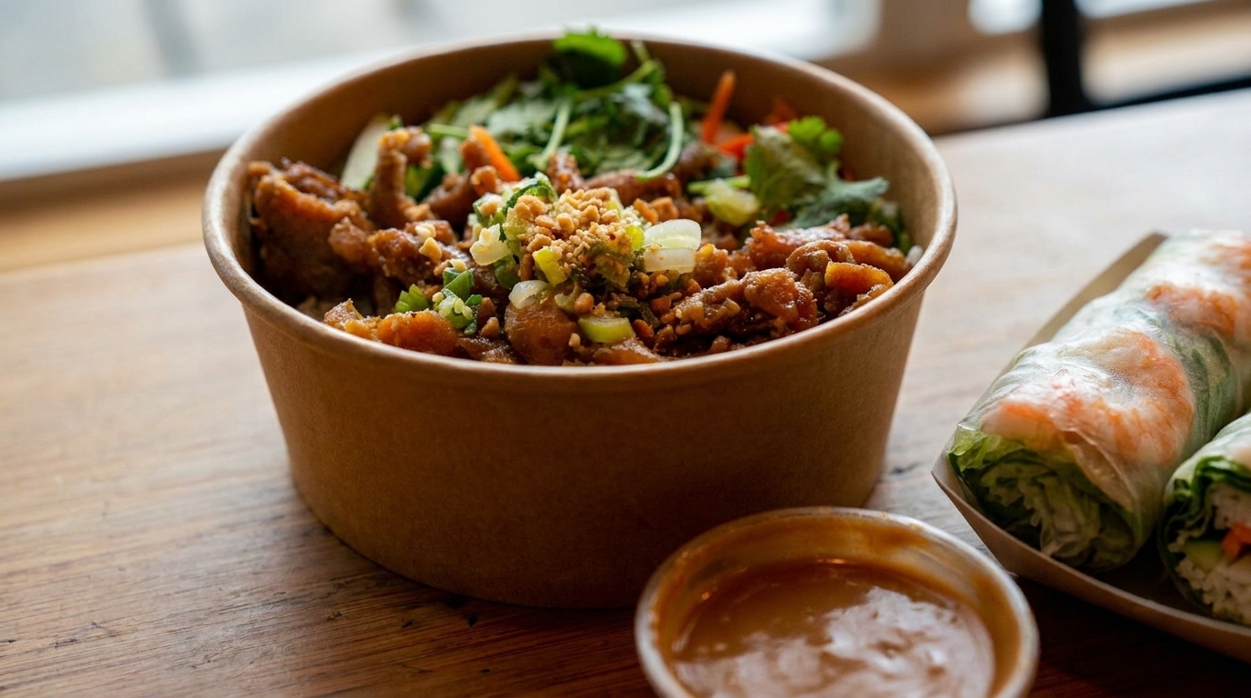 A takeout bowl of Vietnamese food with spring rolls and peanut sauce on a wooden table.