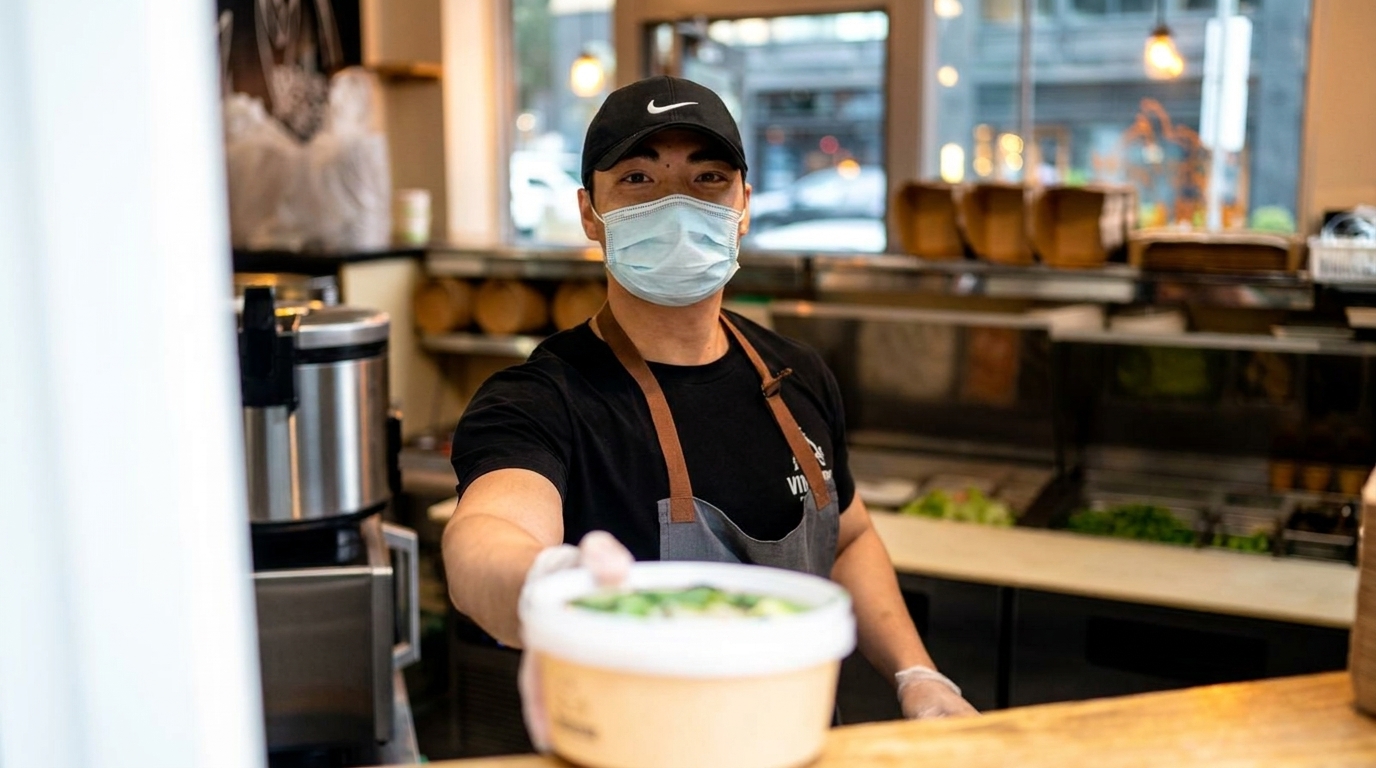 A masked restaurant worker in a black cap and apron hands a takeout container of food across a counter.