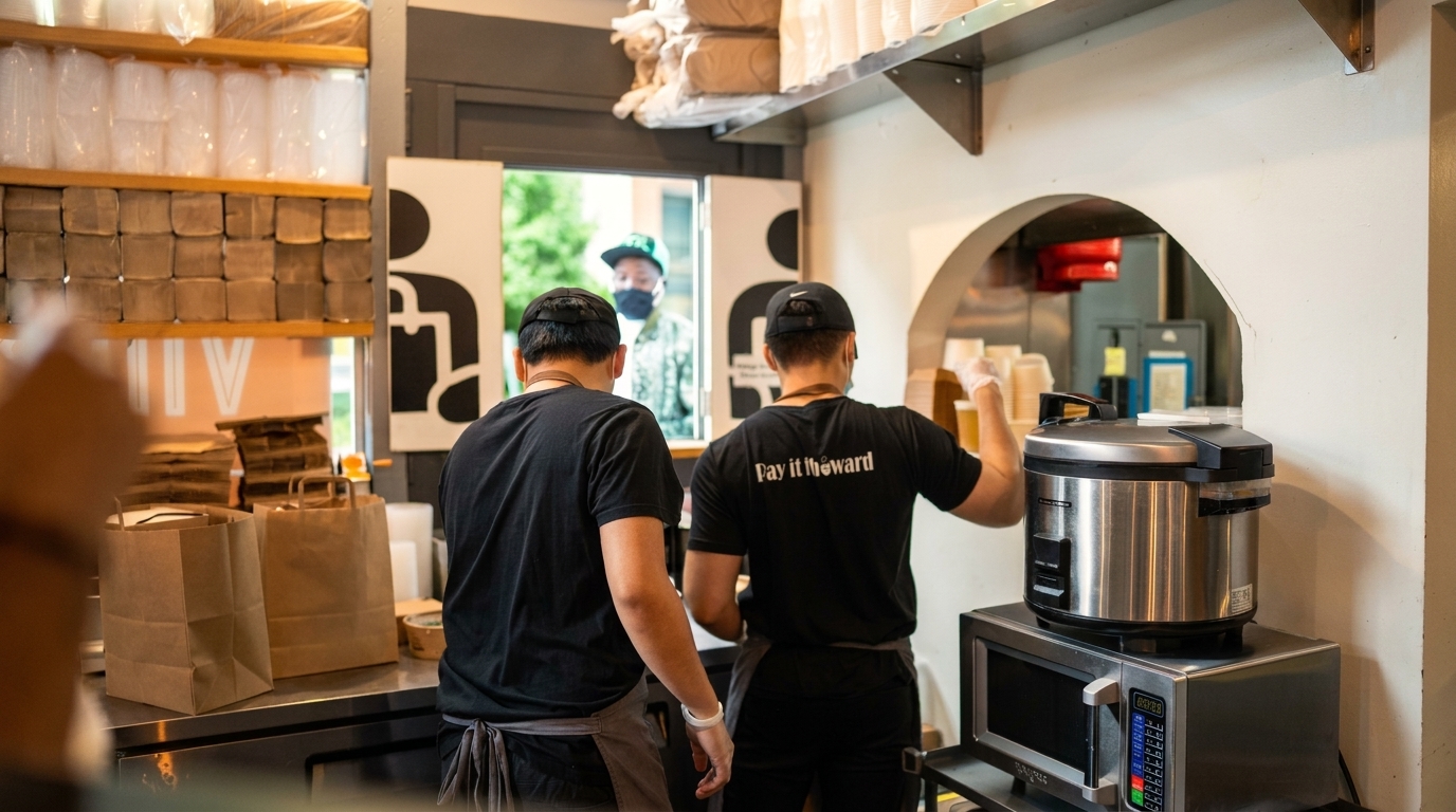 Two restaurant workers prepare orders behind a counter, with a customer visible through a window.