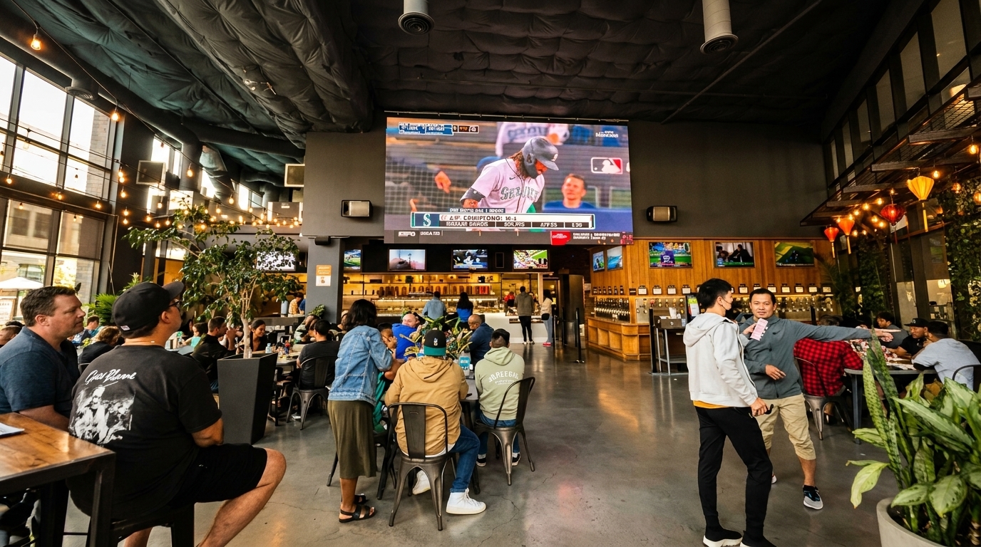 Patrons watch a baseball game on a large screen in a spacious, modern restaurant with high ceilings.