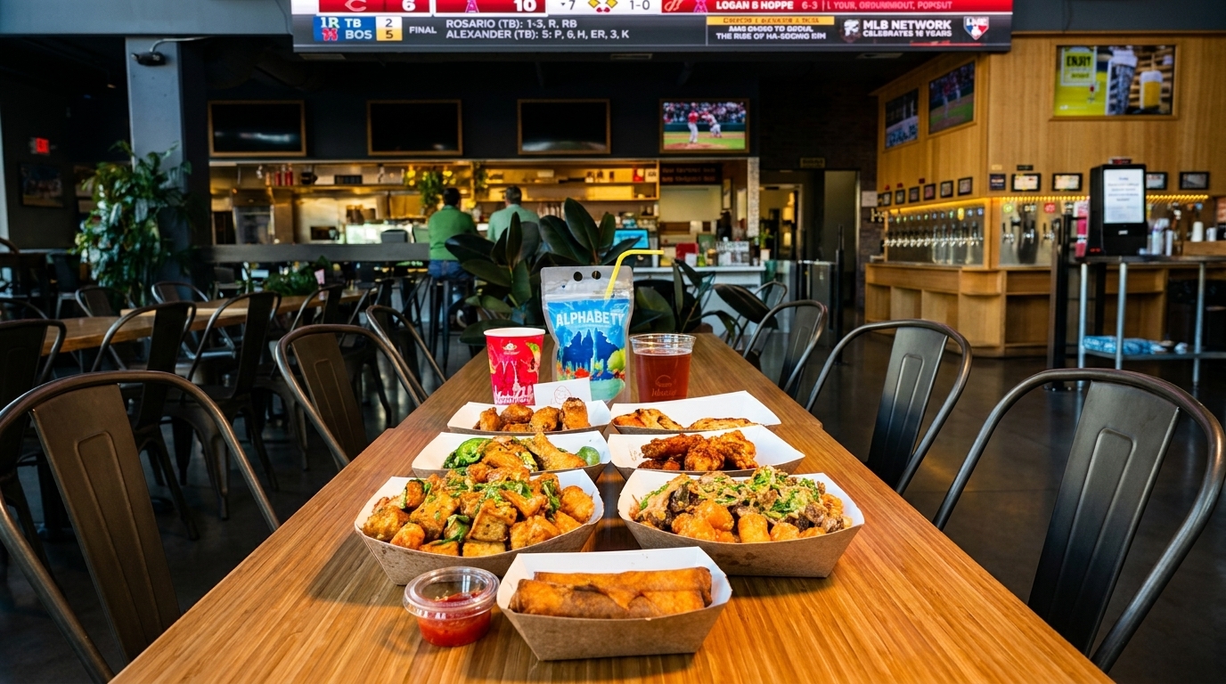 Table laden with various Asian-inspired dishes and drinks in a modern restaurant setting with sports on screens.