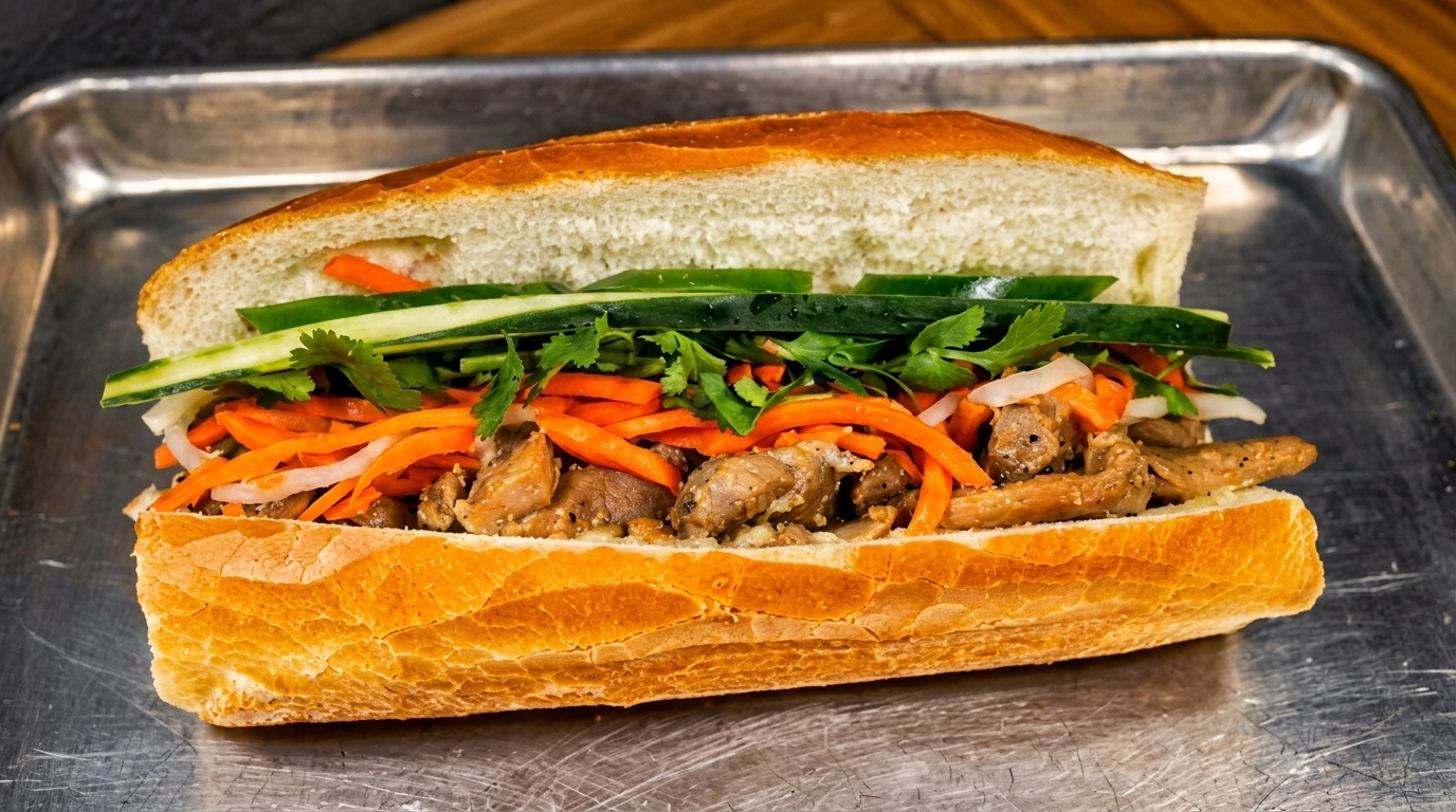 A close-up of a banh mi sandwich with meat, pickled carrots, cucumber, and cilantro on a metal tray.