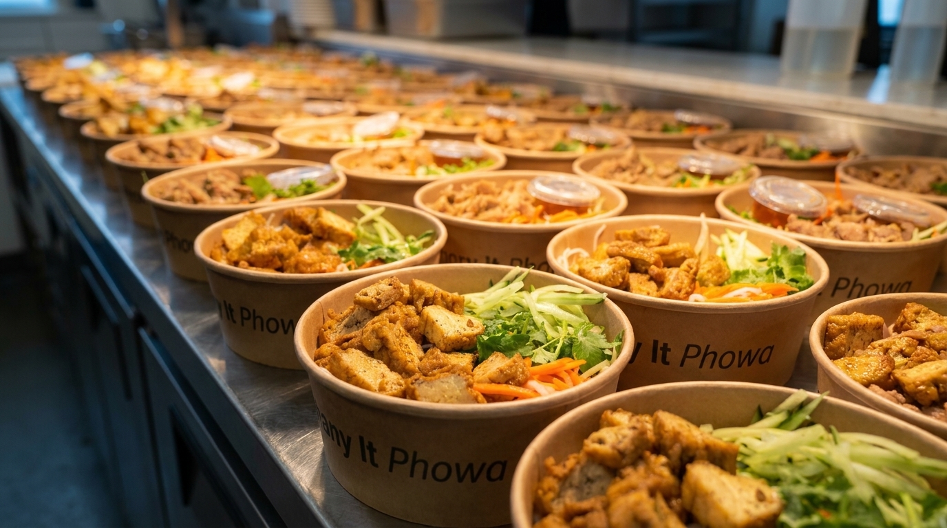 Rows of "Phowa" branded takeaway bowls filled with Vietnamese food, including tofu, noodles, and vegetables.