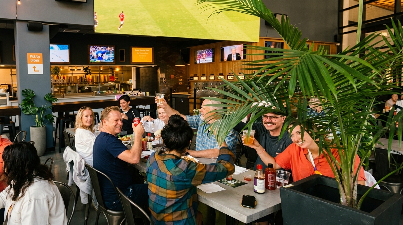 Friends clinking glasses and enjoying drinks at a lively restaurant with TVs showing sports.