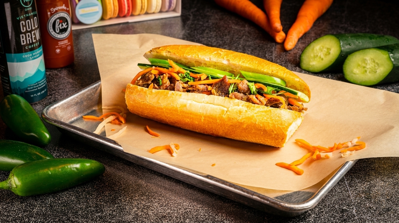 A Vietnamese banh mi sandwich with beef, vegetables, and pickled carrots on a tray.