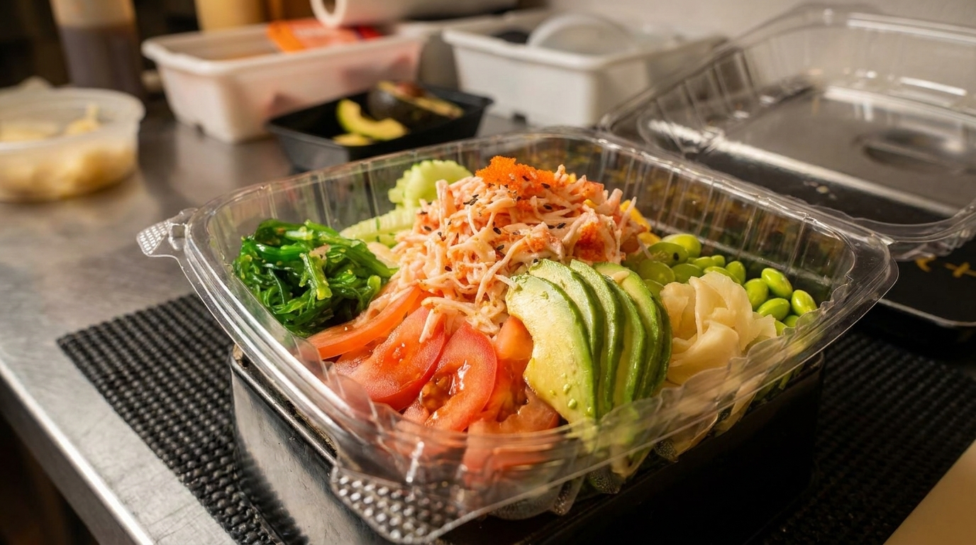 Fresh poke bowl in a clear plastic container with crab, avocado, tomatoes, and seaweed.