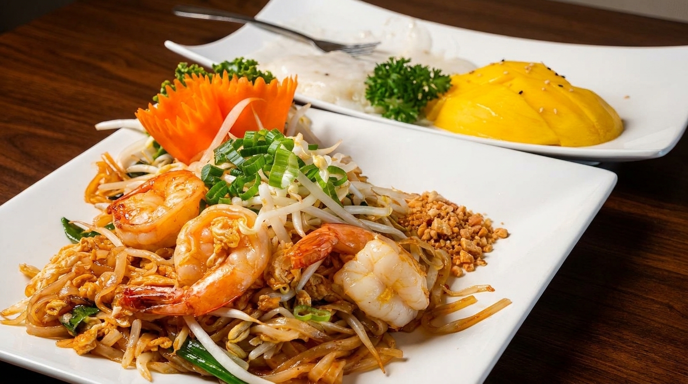 Shrimp pad Thai with peanuts and scallions, and mango sticky rice with sesame seeds.