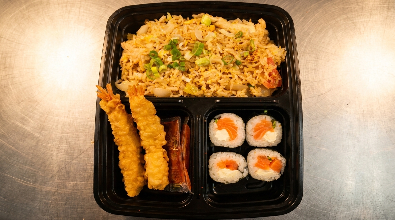A black takeout container filled with fried rice, tempura shrimp, and salmon cream cheese sushi rolls.