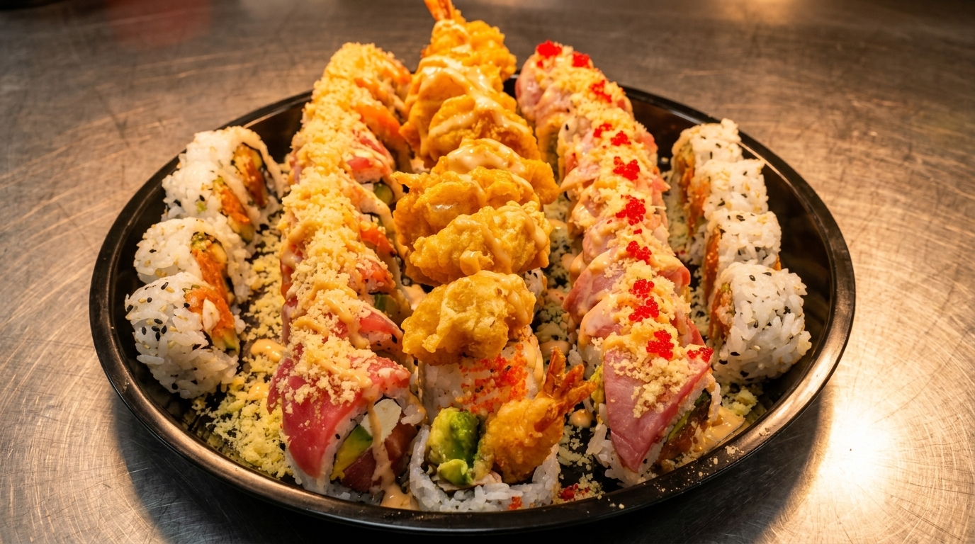 A large platter of various sushi rolls, including tempura, topped with sauces and roe.