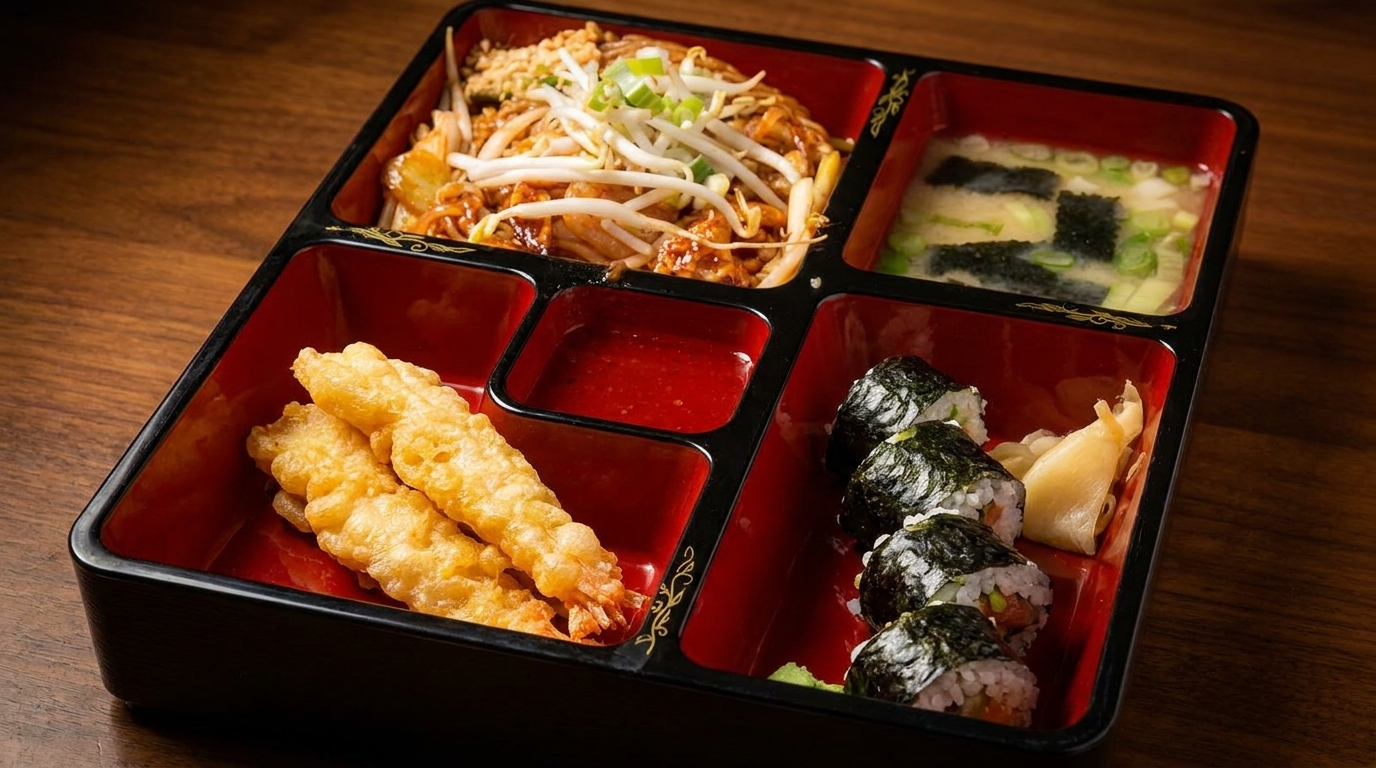 A black and red bento box filled with pad Thai, tempura shrimp, sushi rolls, miso soup, and dipping sauce.