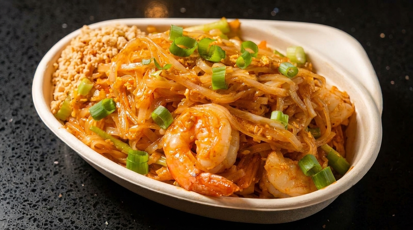 Shrimp pad Thai with chopped peanuts and green onions in a white bowl.