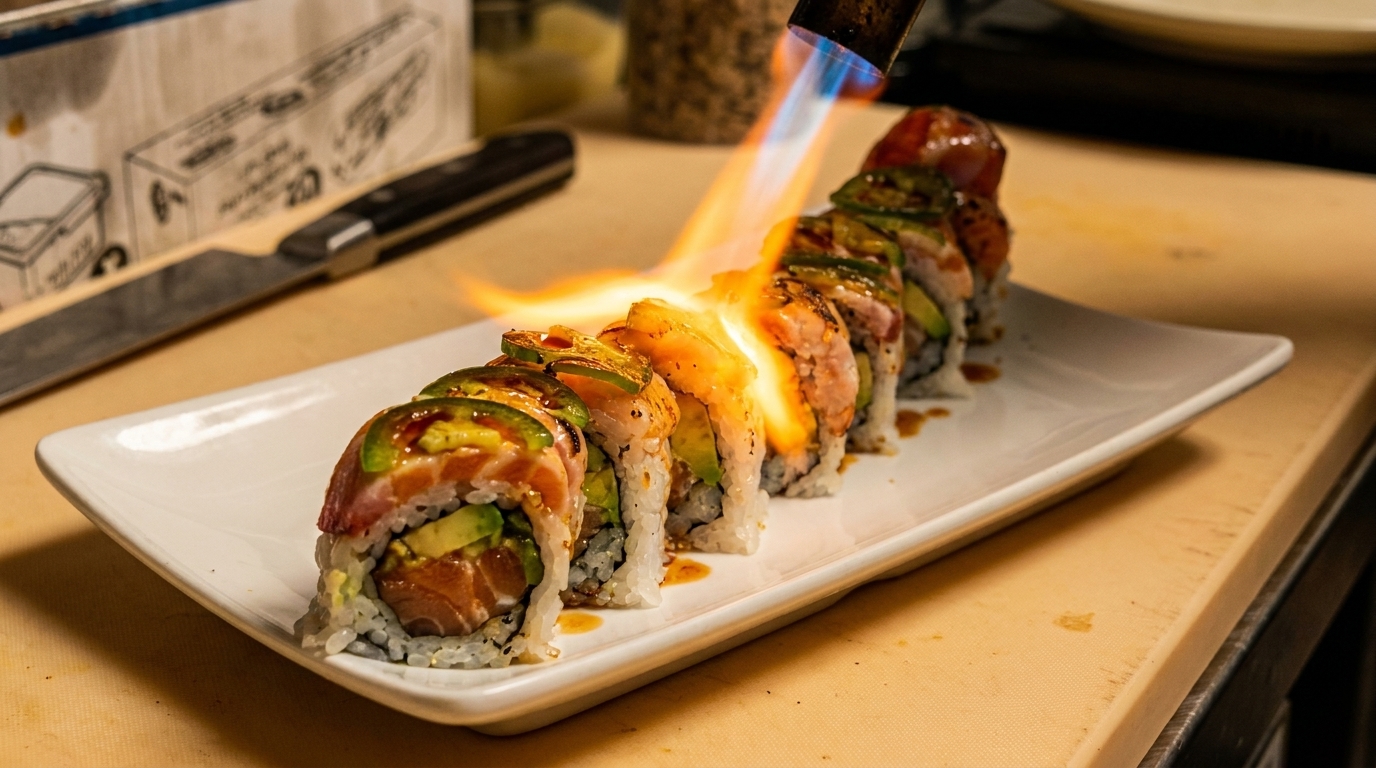 Sushi rolls on a white plate being torched with a flame, creating a dramatic culinary effect.
