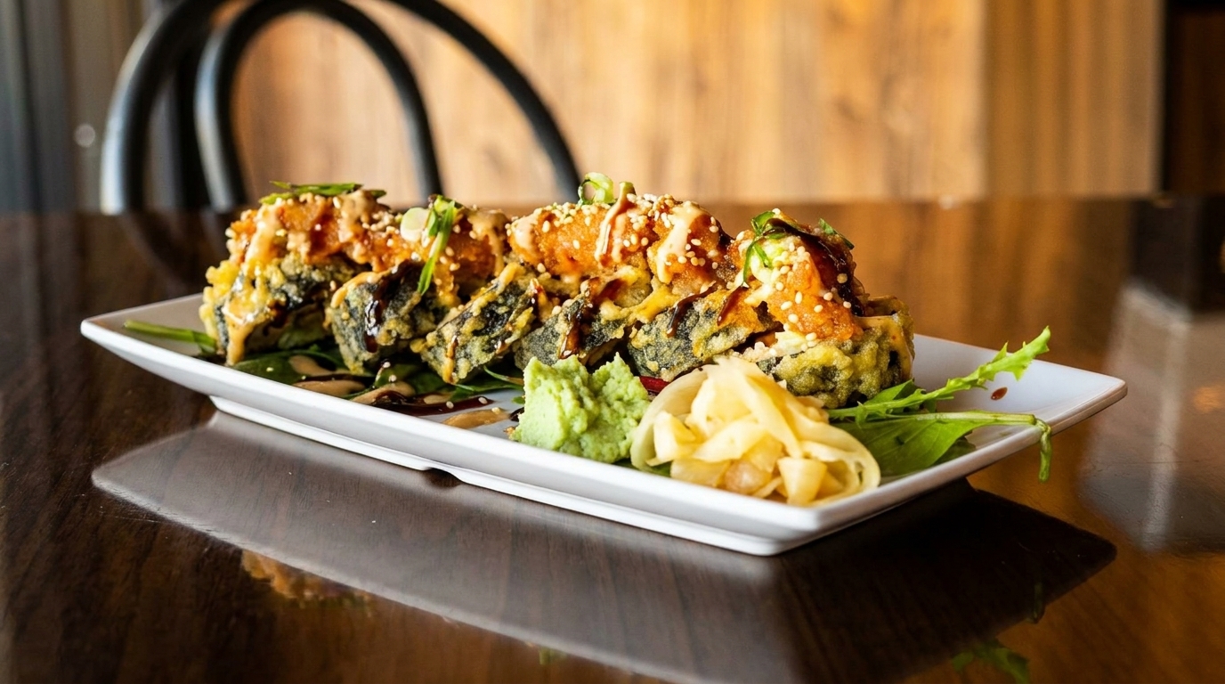 Crispy tempura sushi rolls with sauce, sesame seeds, wasabi, and pickled ginger on a white plate.