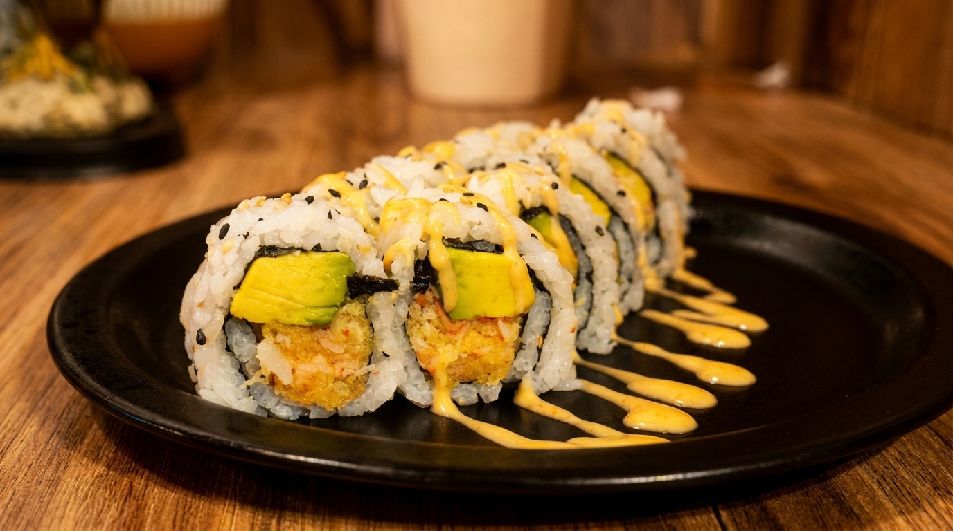 A row of sushi rolls with avocado, tempura, and spicy mayo on a black plate.