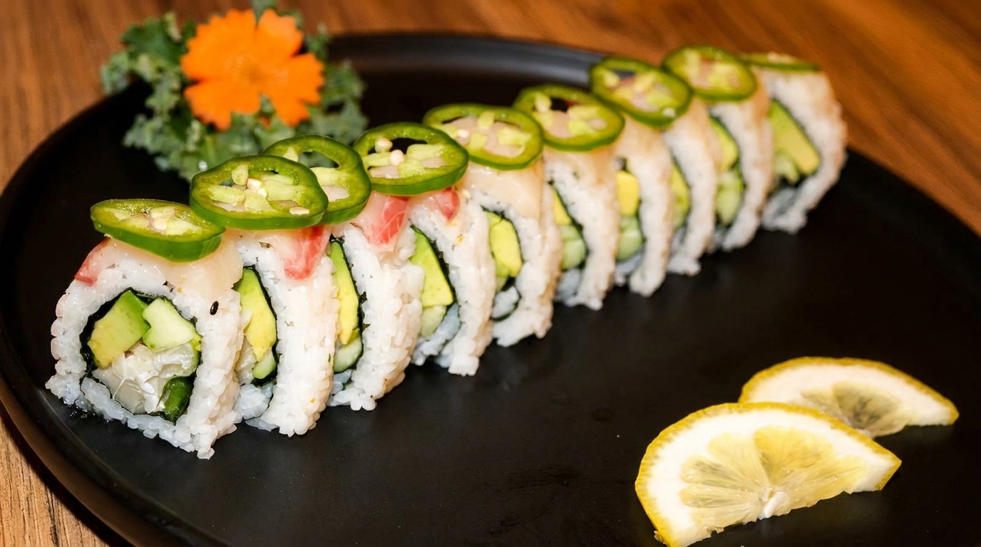 Sushi roll slices topped with jalapeños and served with lemon wedges on a black plate.