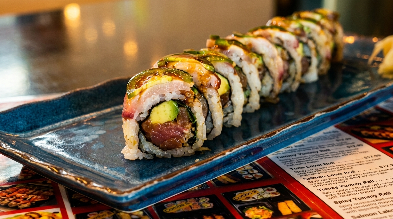 A long platter of sushi rolls with tuna, avocado, and jalapeño on a menu.