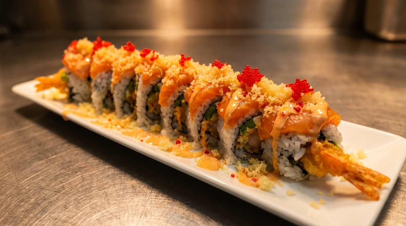 A long white plate holds a row of sushi rolls topped with salmon, sauce, and red roe.