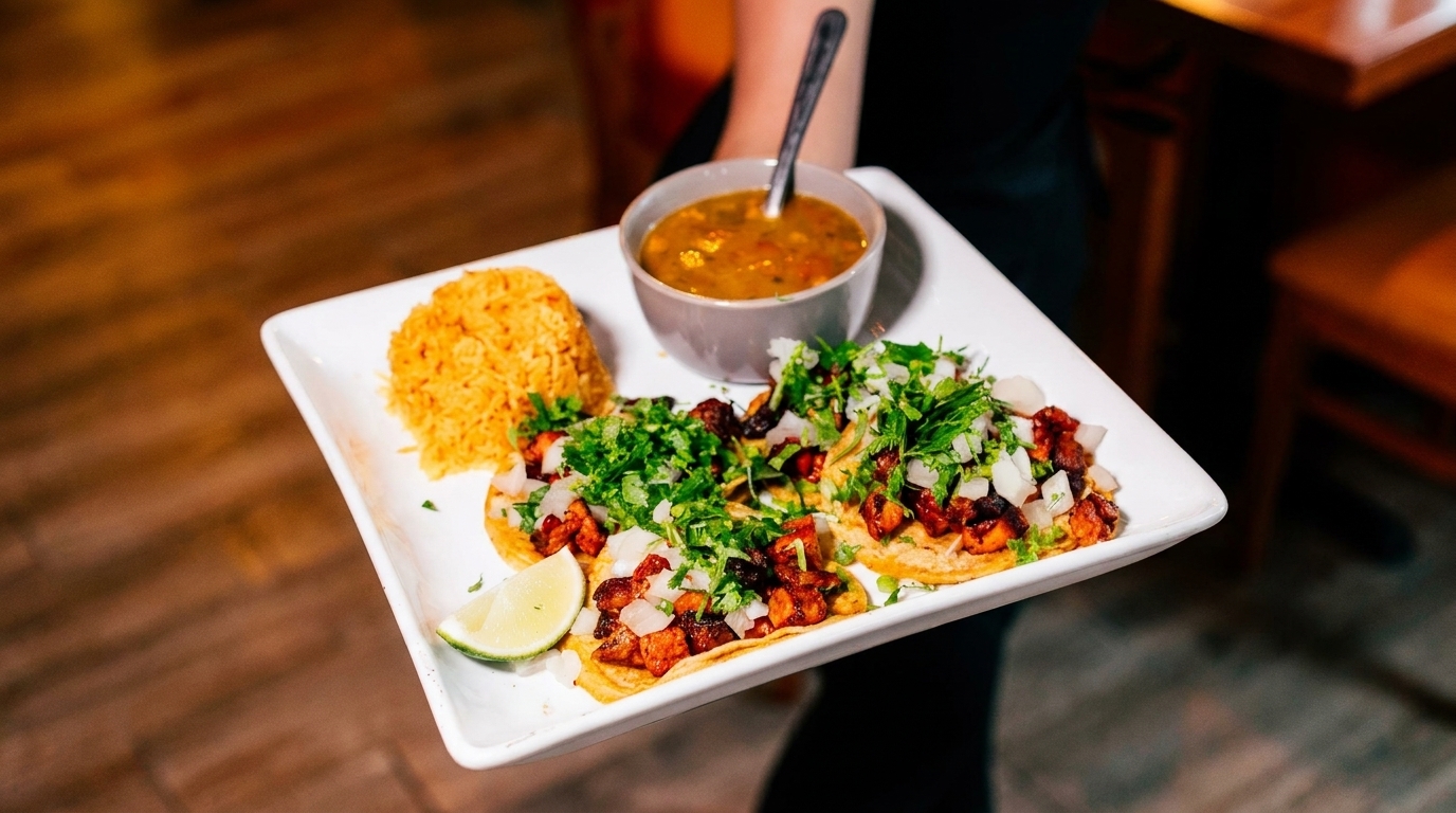 A server holds a white plate with three tacos, rice, soup, and a lime wedge.