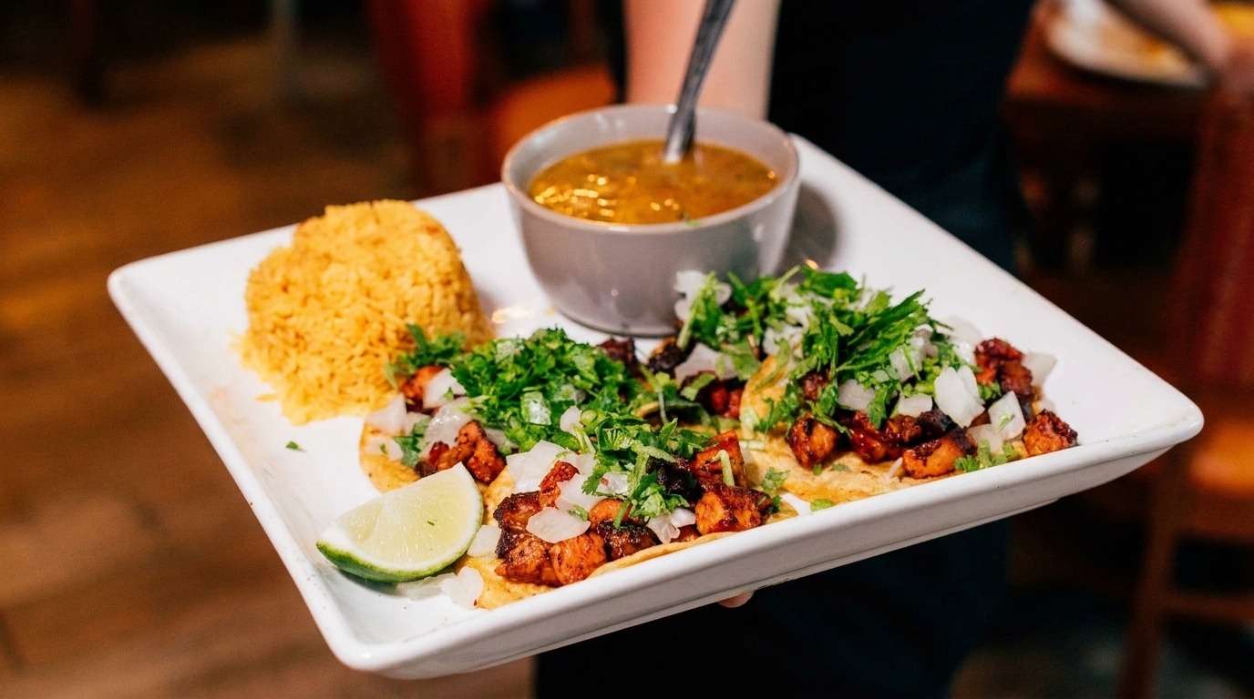 A plate of three tacos with rice, a lime wedge, and a bowl of soup.