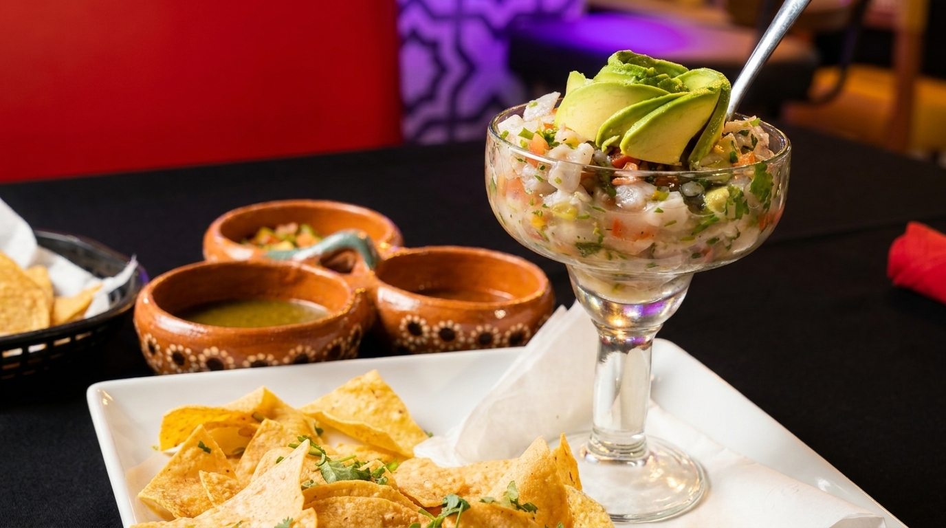 Ceviche with avocado in a margarita glass, chips, and salsa on a black table.