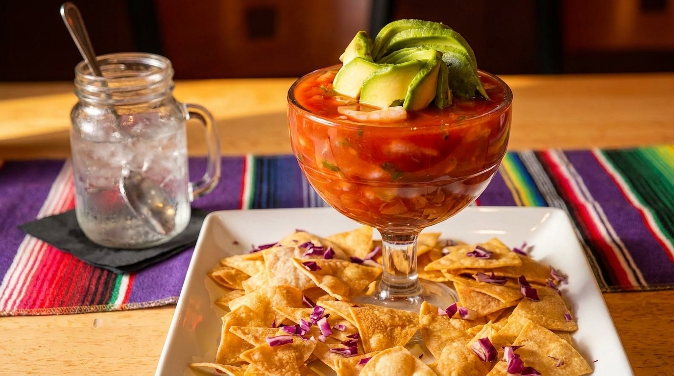 Shrimp cocktail with avocado and tortilla chips, alongside a glass of water on a colorful placemat.