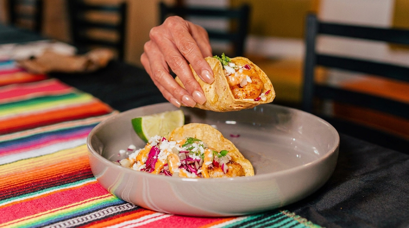 A hand holds a shrimp taco over a plate with another taco and a lime wedge.