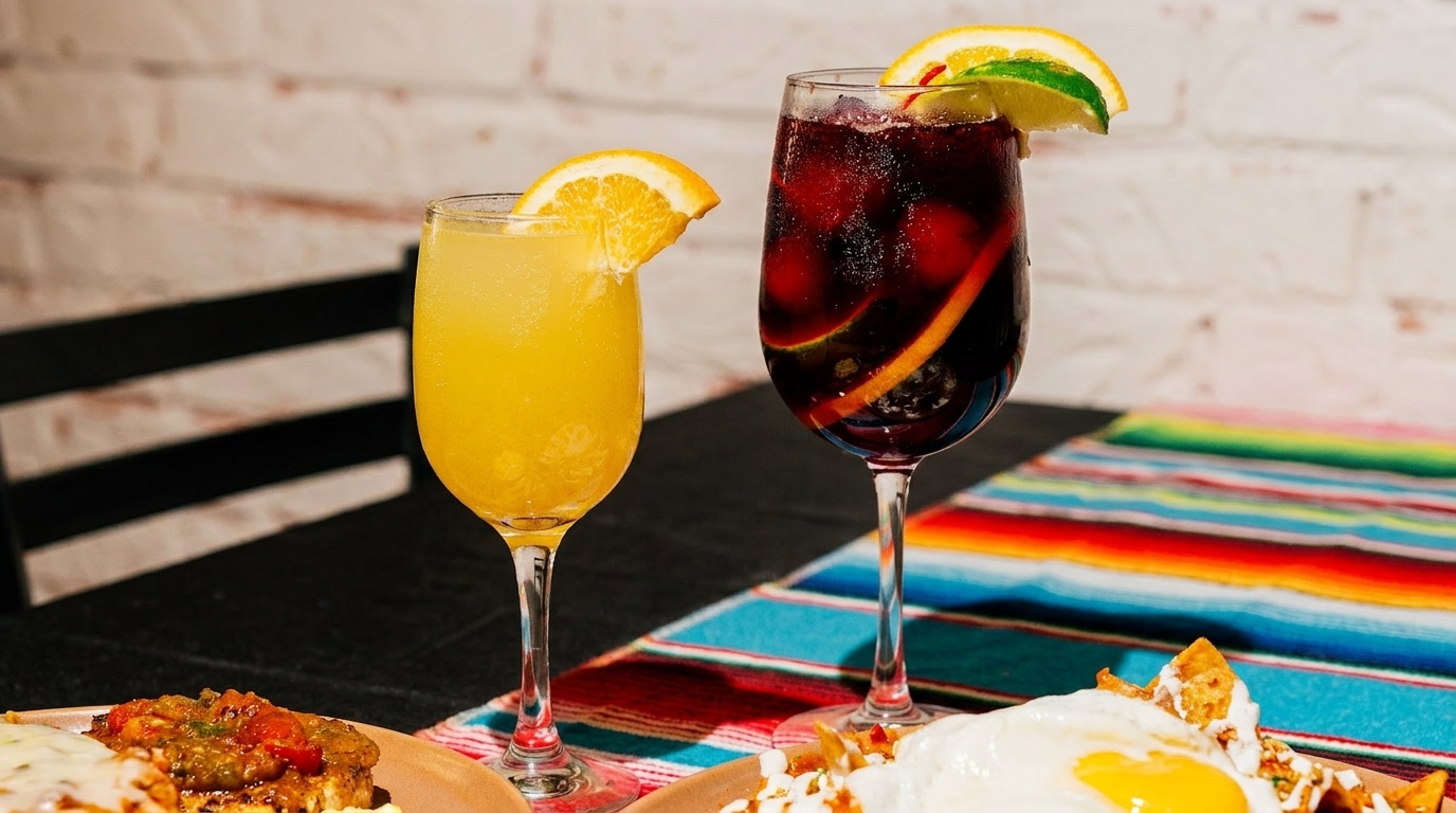 Two cocktails, a mimosa and sangria, on a table with a colorful striped runner and food.